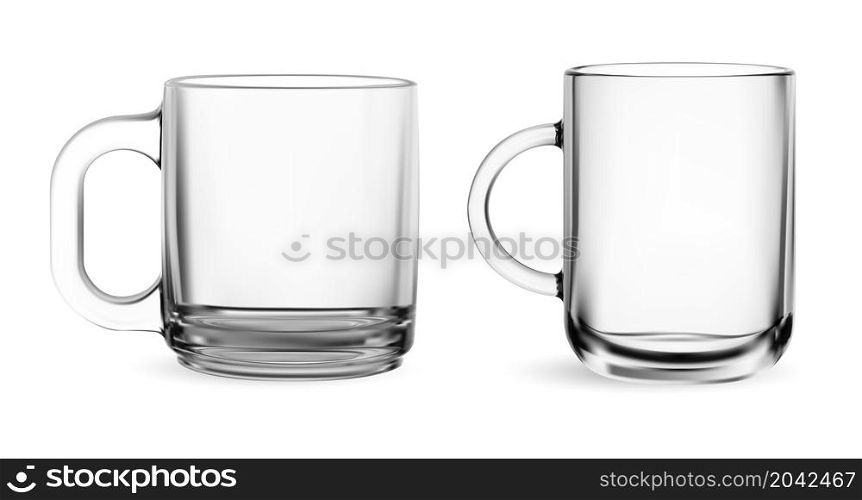 Glass cup. Tea mug vector mock up. Hot coffee drink crystal glassware object realistic illustration. Water cup isolated, shiny sample template. Glass cup. Tea mug vector mock up, hot coffee drink