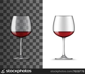 Glass cup with red wine, vector 3D realistic mockup template. Wineglass for sweet and dessert wines, winery glassware isolated on transparent background. Realistic 3d red wine in glass cup, mockup