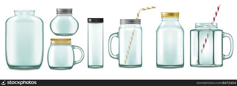 Glass cup with straw. Realistic transparent glass jar with metal caps and straws for detox drinks. Vector set illustrated designs transparent container. Glass cup with straw. Realistic transparent glass jar with metal caps and straws for detox drinks. Vector set