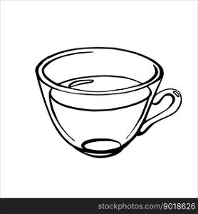 Glass cup with tea hand drawn outline monochrome vector illustration. 