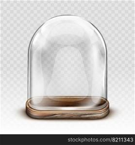 Glass dome and old wooden tray realistic vector. Vintage transparent glass dome square shape with retro wood plate, storage container, product presentation case with reflection, isolated illustration. Vintage glass dome and wooden tray realistic