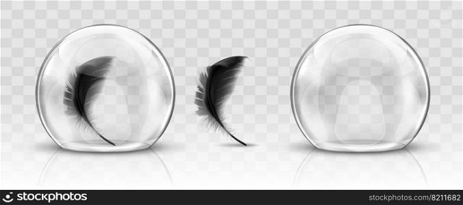 Glass dome or sphere realistic vector. Glass round dome, empty crystal globe and black feather storage container or product presentation case with reflection, illustration isolated on background. Glass dome or sphere and black feather realistic
