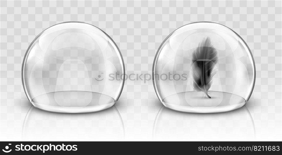 Glass dome or sphere realistic vector. Glass round dome, empty crystal globe and black feather storage container or product presentation case with reflection, illustration isolated on background. Glass dome or sphere and black feather realistic