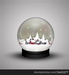 Glass dome winter in wooden house on christmas. Vector