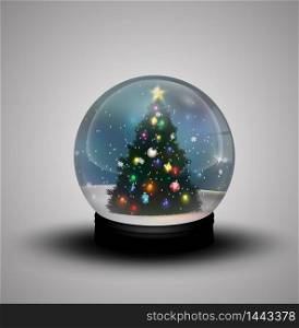 Glass dome winter with realistic Christmas snow globe with christmas tree. Vector