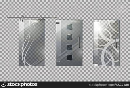 Glass door collection on transparent background. Simple glass door with long handle, with stripes and rounded handle, with flowers and extraordinary door handle. Vector picture of objects for building. Glass Door Collection on Transparent Background