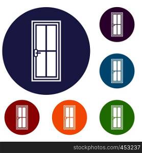 Glass door icons set in flat circle reb, blue and green color for web. Glass door icons set