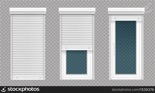 Glass door or tall window with rolling shutter isolated on transparent background. Vector realistic set of closed and open roller up for door or window, white metal blind for office or store facade. Glass door or window with white rolling shutter