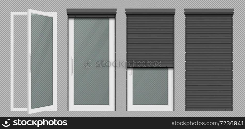 Glass door or tall window with rolling shutter isolated on transparent background. Vector realistic set of closed and open roller up for door or window, gray black metal blind for office store facade. Glass door or window with white rolling shutter