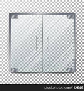 Glass Door Transparent Vector. Clear Glass Door Isolated On Transparent Checkered Background. Mock Up Entrance Door For Shop Or Fashion Boutique.. Glass Door Transparent Vector. Clear Glass Door Isolated On Transparent Checkered Background. Mock Up Entrance Door For Shop Or Boutique.