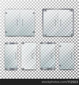 Glass Door Transparent Vector. Front For Office Or Boutique. Clear Showcase Facade. Isolated On Checkered Background. Glass Door Transparent Vector. Front For Office Or Boutique. Clear Showcase Facade. On Checkered Background