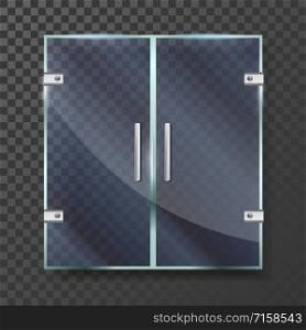 Glass Door With Aluminum Handle And Hinges Vector. Transparent Double Door Central Entrance To Business Centre Or Company Building. Style Exterior Detail Template Realistic 3d Illustration. Glass Door With Aluminum Handle And Hinges Vector