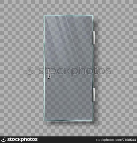Glass Door With Handle And White Frame Vector. Transparency Door With Metal Chrome Doorhandle Entrance On Balcony Or Porch. Stylish Exterior Element Template Realistic 3d Illustration. Glass Door With Handle And White Frame Vector