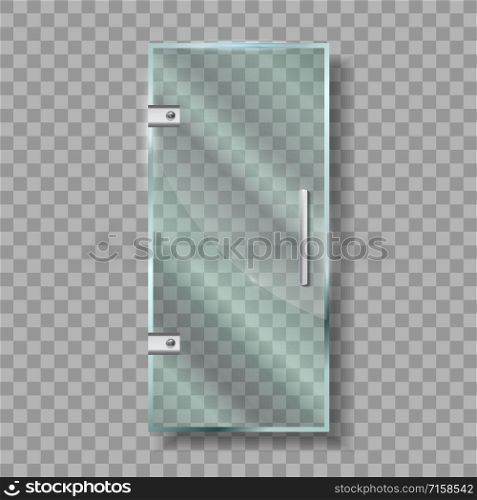 Glass Door With Metallic Handle And Hinges Vector. Modern Transparency Door Entrance Showcase To Fashion Boutique Clothes Shop. Stylish Exterior Element Template Realistic 3d Illustration. Glass Door With Metallic Handle And Hinges Vector