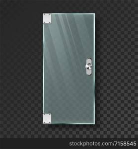 Glass Door With Steel Handle And Hinges Vector. Closed Elegance Transparent Door Entrance To Sauna Or Bath Shower. House Interior Stylish Element Template Realistic 3d Illustration. Glass Door With Steel Handle And Hinges Vector