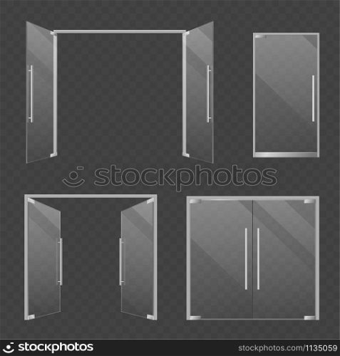 Glass doors. Realistic open and closed double glass mall and store doors. Modern architectural interior and exterior transparent architecture elements vector set. Glass doors. Realistic open and closed double glass mall and store doors. Modern architectural interior and exterior elements vector set