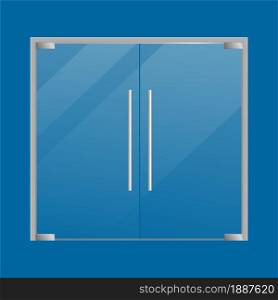 Glass doors realistic. Store double closed door with metallic knob isolated on blue background. Office or boutique, shop or mall front view clear gloss glare entrance element, vector illustration. Glass doors realistic. Store double closed door with metallic knob isolated on blue background. Office or boutique front view clear gloss glare entrance element, vector illustration