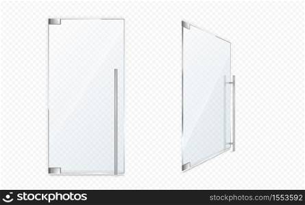 Glass doors with metal handles. Close and open office entrance, boutique facade, shop or store doorway isolated on transparent background. Modern interior design element, realistic 3d vector entry. Glass doors with metal handles, close and open
