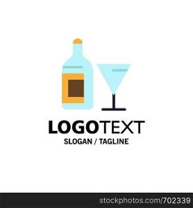 Glass, Drink, Bottle, Wine Business Logo Template. Flat Color
