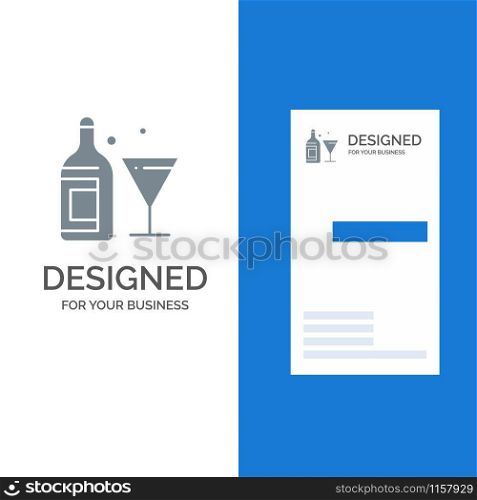 Glass, Drink, Bottle, Wine Grey Logo Design and Business Card Template
