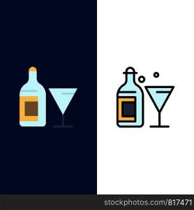 Glass, Drink, Bottle, Wine Icons. Flat and Line Filled Icon Set Vector Blue Background