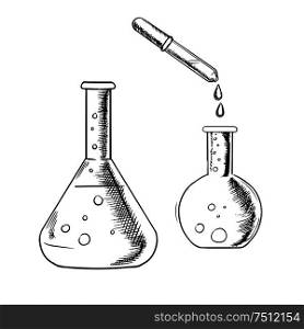 Glass dropper and chemical laboratory flasks isolated on white background, for science or research theme design, sketch style. Dropper and laboratory flasks sketch