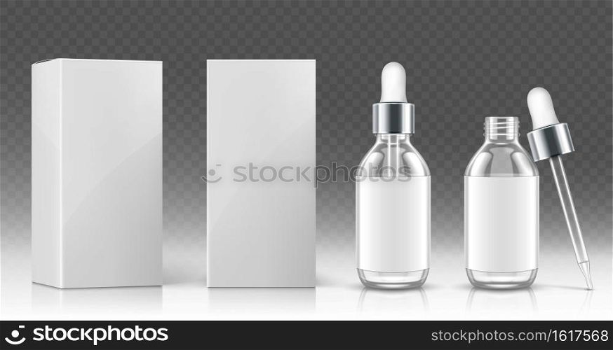 Glass dropper bottle for cosmetic oil or serum and white package box in front and angle view. Vector realistic mockup of empty flask with pipette and silver cap for medical drops or skincare product. Glass dropper bottle for cosmetic oil or serum