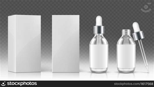 Glass dropper bottle for cosmetic oil or serum and white package box in front and angle view. Vector realistic mockup of empty flask with pipette and silver cap for medical drops or skincare product. Glass dropper bottle for cosmetic oil or serum