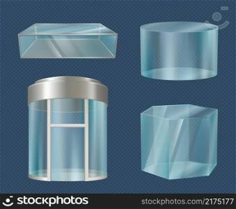 Glass elevator. Modern transparent 3d boxes stylish forms cube cylinders mall showcase for advertising decent vector realistic illustrations. Transparent box glass empty for exhibition and gallery. Glass elevator. Modern transparent 3d boxes stylish forms cube cylinders mall showcase for advertising decent vector realistic illustrations