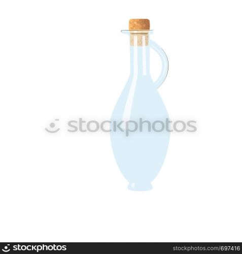 Glass empty flagon with cork, handle. tranparent icy-white decanter on white background. Flask for juice, wine, beer, spirits, oil, alcohol, beverages. Pitcher. print, poster label tag copy space. Glass empty flagon with cork, handle. tranparent icy-white decanter on white background