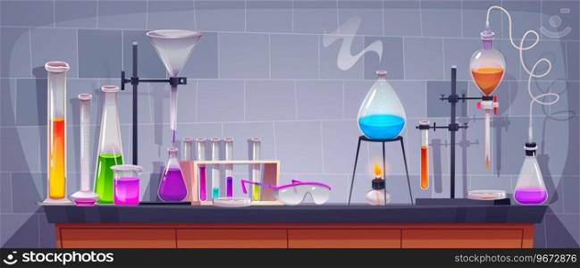 Glass equipment on table in laboratory during chemistry experiment. Cartoon vector illustration of glassware with colorful liquids in science lab. Scientific or medical research test flask and beakers. Glass equipment on table in laboratory