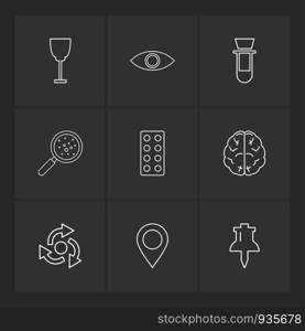 glass , eye , beaker, search , bacteria , tablets , brain , navigation , pin, icon, vector, design, flat, collection, style, creative, icons