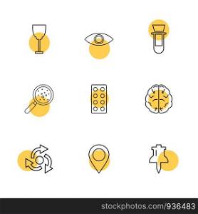 glass , eye , beaker, search , bacteria , tablets , brain , navigation , pin, icon, vector, design, flat, collection, style, creative, icons