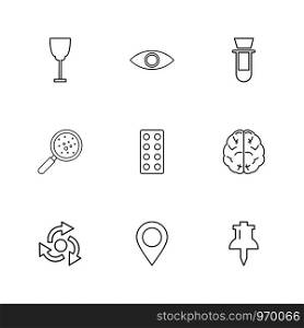 glass , eye , beaker, search , bacteria , tablets , brain , navigation , pin, icon, vector, design, flat, collection, style, creative, icons