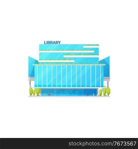 Glass facade of library building isolated institute establishment. Vector books house, athenaeum or atheneum, lyceum with reading-room. Study and education house, contemporary library facade exterior. Library house city public establishment isolated