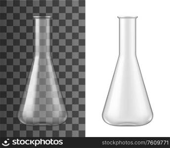 Glass flask, chemical laboratory glassware beaker, vector 3D realistic mockup. Glass vial or vial test with narrow long neck, chemistry research jar, empty isolated on transparent background. Realistic laboratory glassware, glass flask beaker