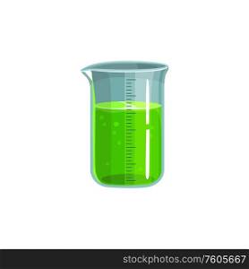 Glass flask isolated measuring cup. Vector chemical measuring jug with green liquid fluid. Measuring cup with green fluid isolated flask