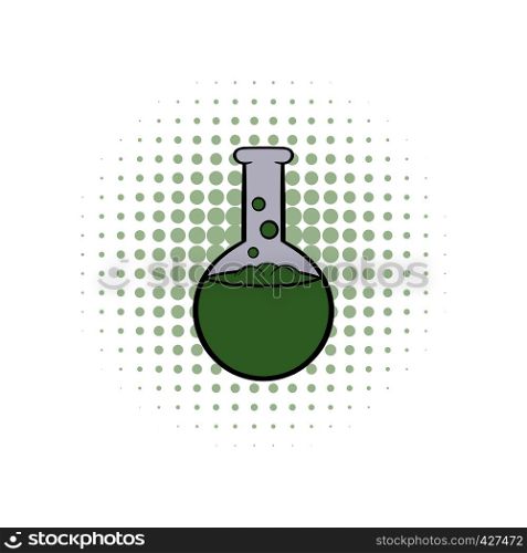 Glass flask with green liquid comics icon. Bulb with bubbles on a white. Flask with liquid comics icon