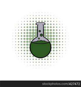 Glass flask with green liquid comics icon. Bulb with bubbles on a white. Flask with liquid comics icon