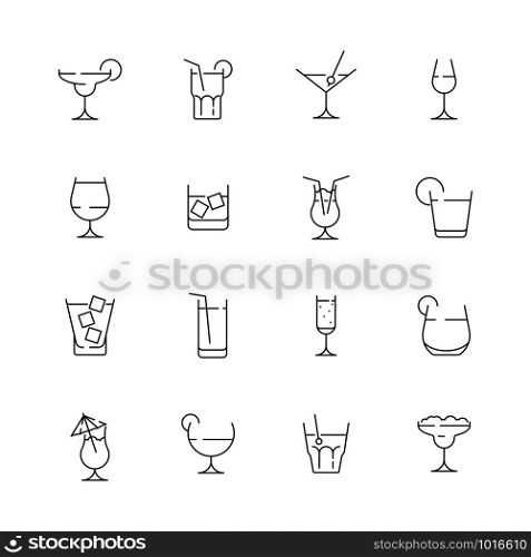 Glass for drink icons. Cocktail and alcoholic drink for party liquid martini with ice bar pictogram vector collection. Illustration of alcohol drink, martini beverage and whiskey. Glass for drink icons. Cocktail and alcoholic drink for party liquid martini with ice bar pictogram vector collection