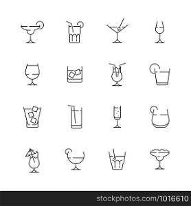 Glass for drink icons. Cocktail and alcoholic drink for party liquid martini with ice bar pictogram vector collection. Illustration of alcohol drink, martini beverage and whiskey. Glass for drink icons. Cocktail and alcoholic drink for party liquid martini with ice bar pictogram vector collection
