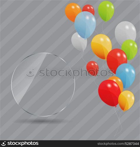 Glass frame on abstract metal background with colored ballons. Vector illustration.