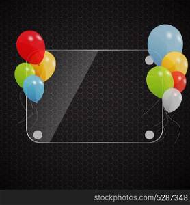 Glass frame on abstract metal background with colored ballons. Vector illustration.