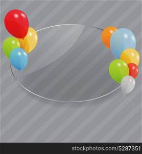 Glass frame with flowers with colored ballons. Vector illustration.