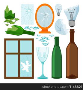 Glass garbage collection, empty bottles, brokem mirror and window, light bulbs vector icons. Glass garbage collection