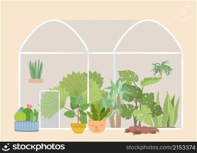 Glass greenhouse garden. Plants gardening, green tree and bushes. Succulents flower bed, botanical plantation, urban rustic jungle vector. Illustration greenhouse, cactus and hothouse to gardening. Glass greenhouse garden. Plants gardening, green tree and bushes. Succulents flower bed, botanical plantation, urban rustic jungle vector concept