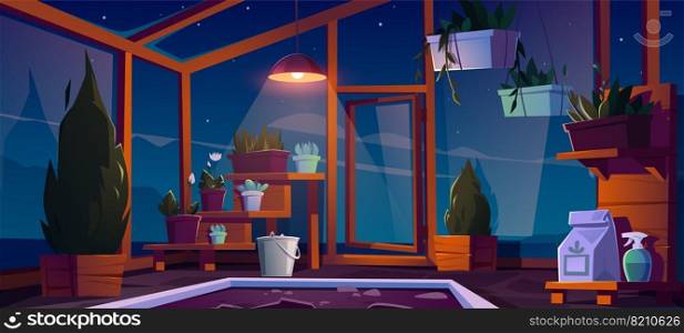 Glass greenhouse with plants, trees and flowers at night. Vector cartoon interior of empty hot house for cultivation and growing garden plants in pots inside. Botanical nursery for greenery. Glass greenhouse interior at night