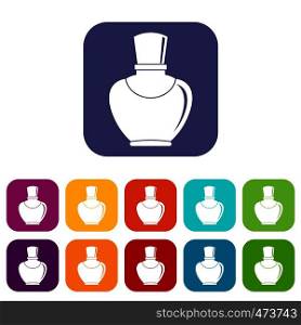 Glass icons set vector illustration in flat style In colors red, blue, green and other. Glass bottle with perfume icons set flat