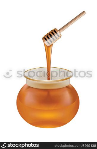 Glass jar of honey with wooden drizzler isolated on white background