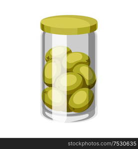 Glass jar with canned olives. Isolated on white background. Glass jar with canned olives.